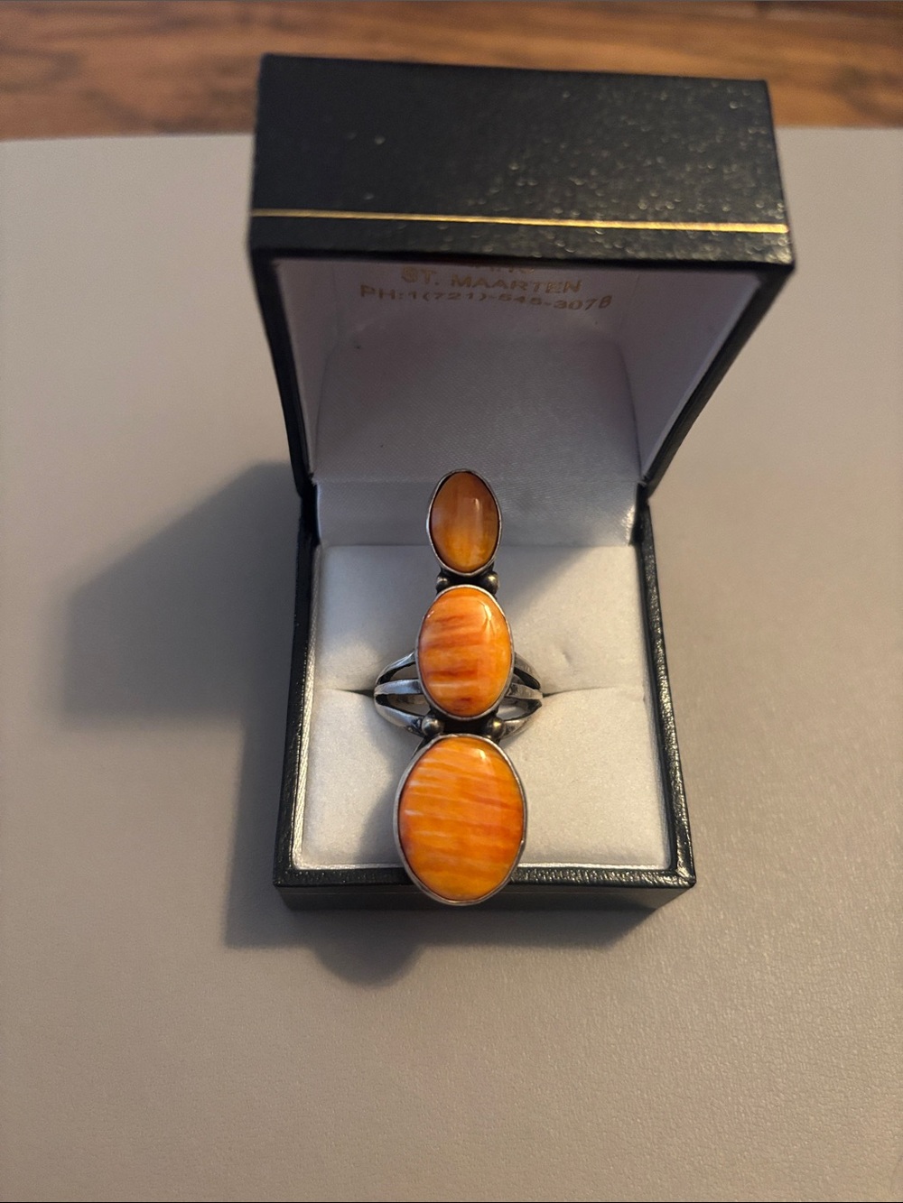 Triple Oval Orange Stone Ring in Silver Tone